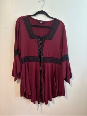 Wine Lace-Up Tunic with Black Lace Trim